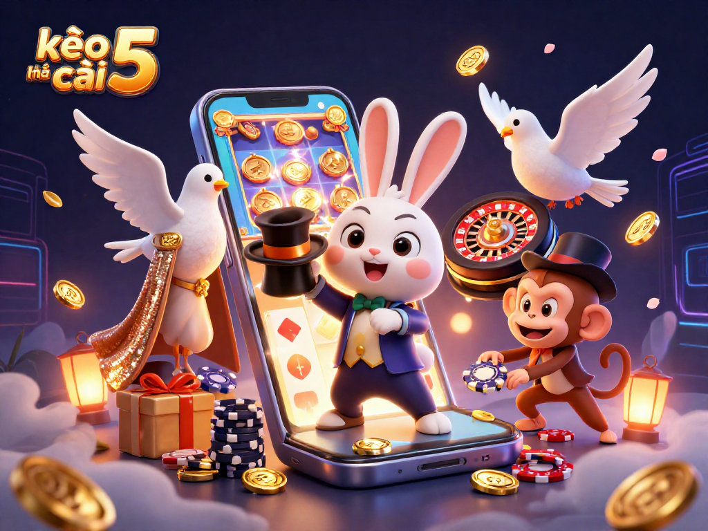 Bet on excitement with kèo nhà cái 5 in this dynamic casino scene featuring a magical rabbit.