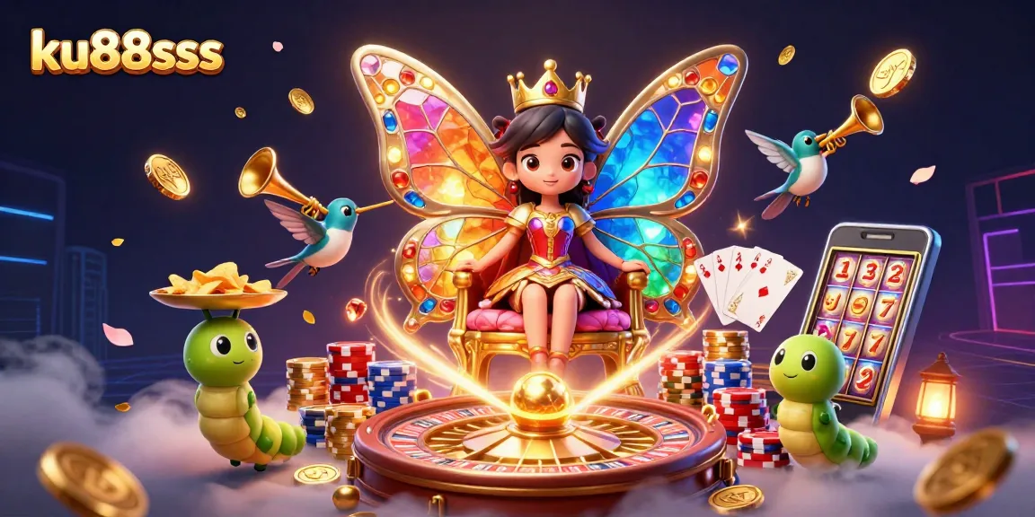 Enjoy casino fun at ku88sss with a vibrant illustration of a butterfly queen, chips, and games.