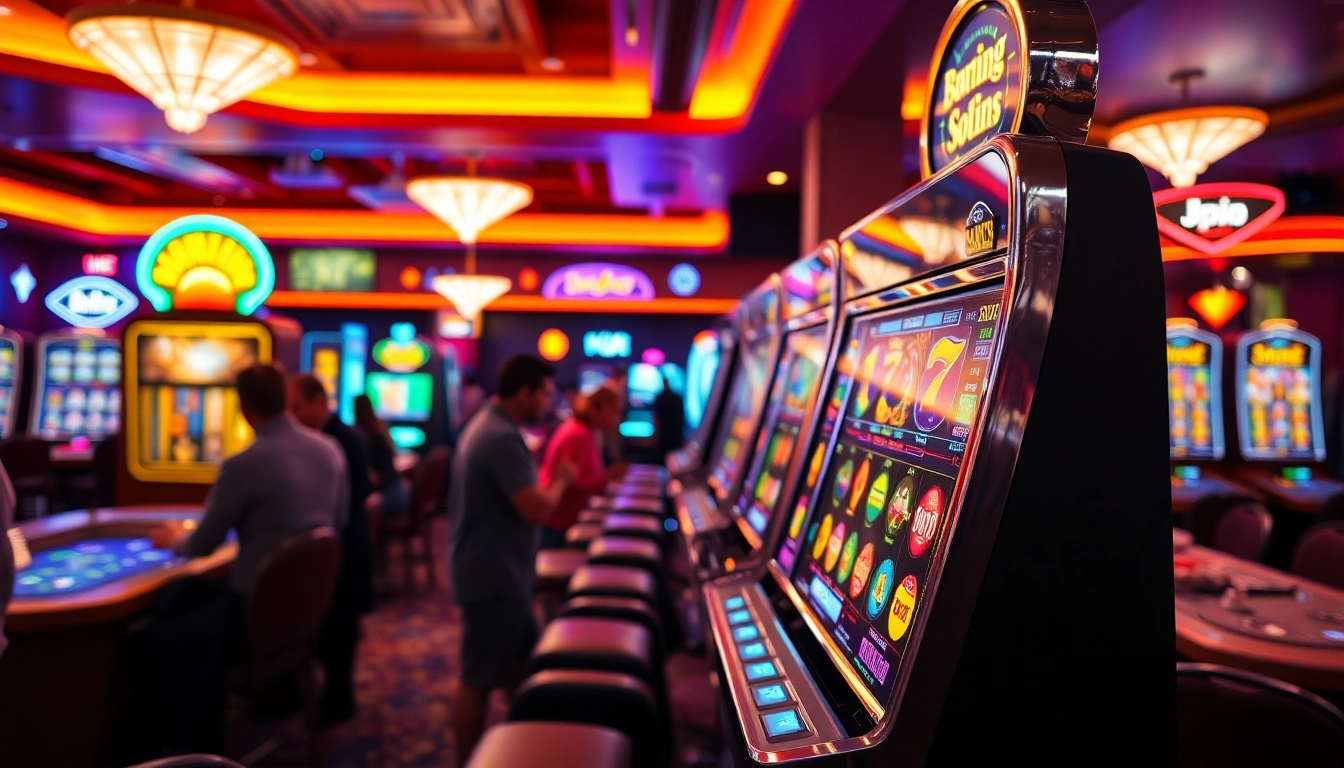 Slot gacor yang mengasyikan di permainan kasino dengan simbol berkilau dan pemain yang bersemangat.