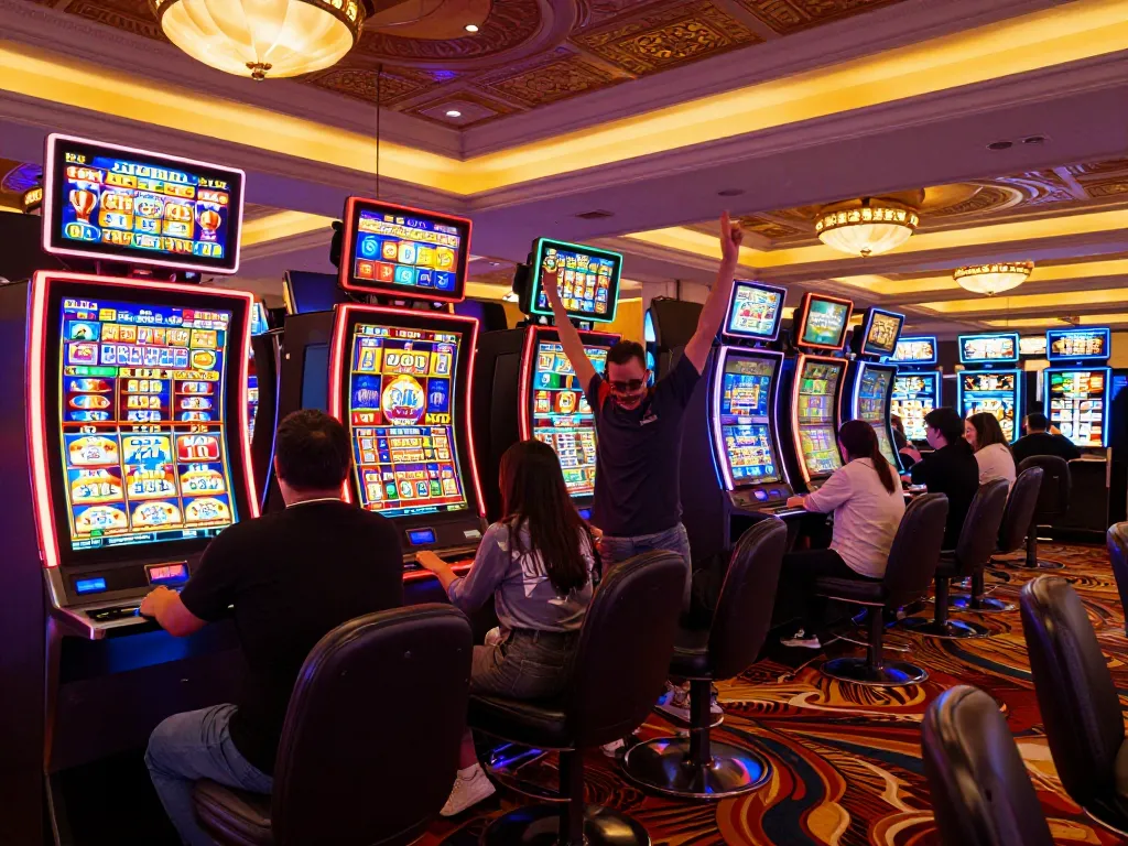 Players enjoying cm88 slot machines, celebrating wins amid vibrant casino atmosphere.