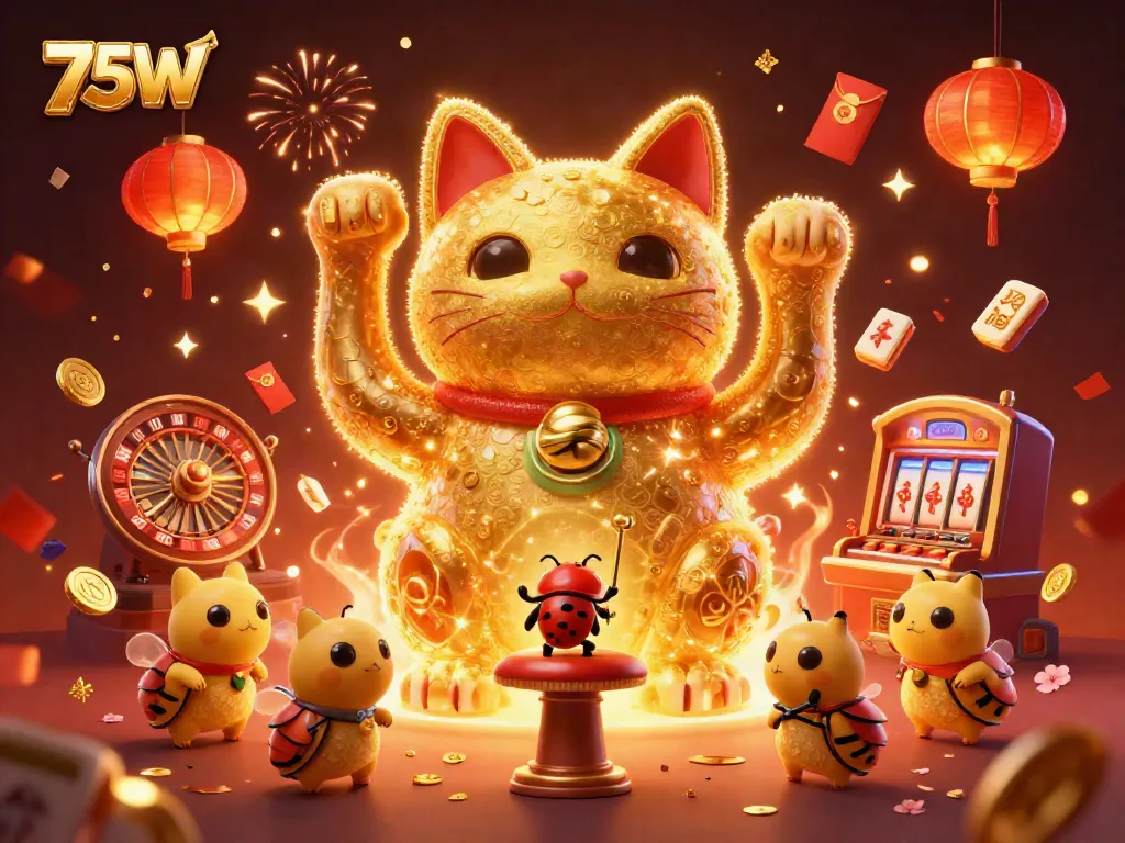 Engage with 75W gaming excitement through a vibrant 3D lucky cat in a casino atmosphere.
