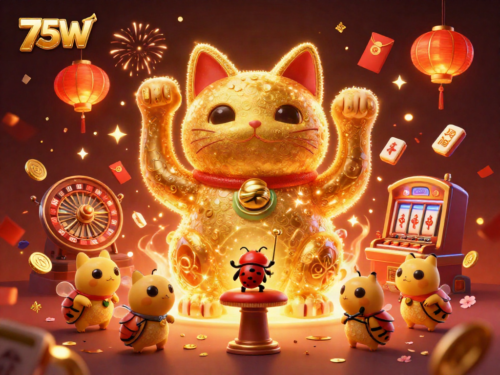 Engage with 75W gaming excitement through a vibrant 3D lucky cat in a casino atmosphere.