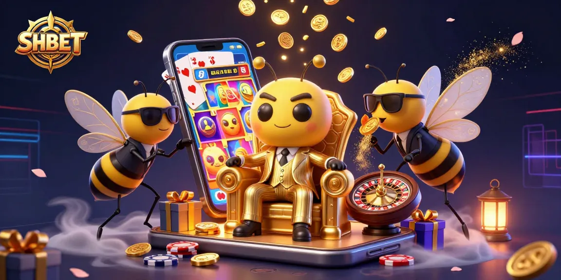 Experience SHBET's thrilling gameplay with a dynamic casino scene featuring vibrant slot games and secretive characters.