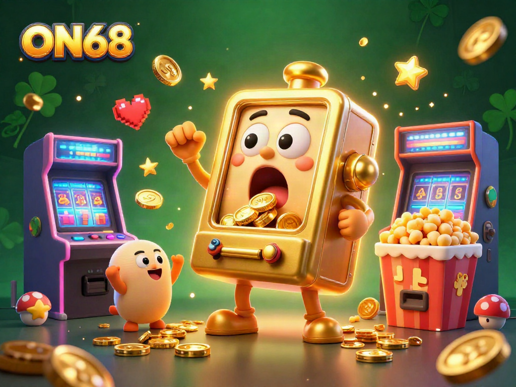 Engage in the thrilling ON68 slot experience with exuberant cartoon slot machines celebrating a jackpot amidst golden coins and arcade games.