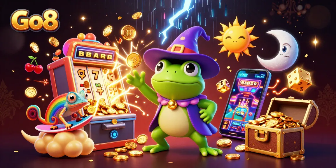 Go8 offers thrilling jackpot excitement with vibrant 3D casino characters surfing on clouds of coins.