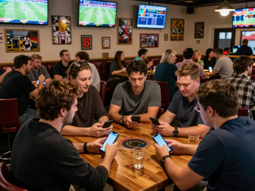 Enthusiastic sports betting at nhà cái XIBET with patrons placing bets on their smartphones