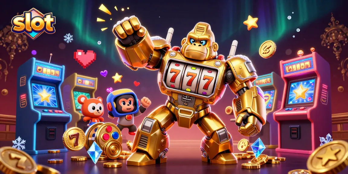 Experience an exciting slot gaming adventure with a golden gorilla mech and vibrant casino elements.