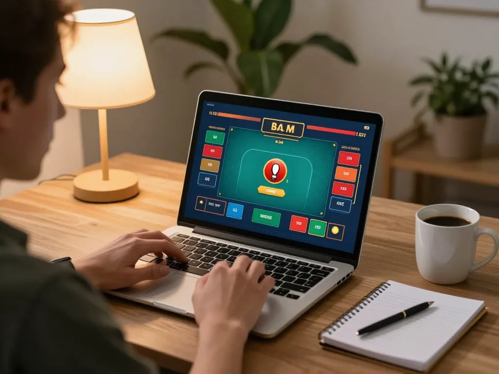 Engaging in online gambling with 688V on a laptop, showcasing a strategic poker game at home.