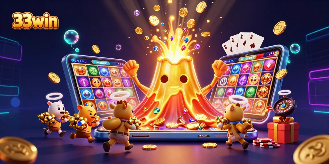Experience thrilling 33win action with golden coins, vibrant games, and treasure-filled scenes