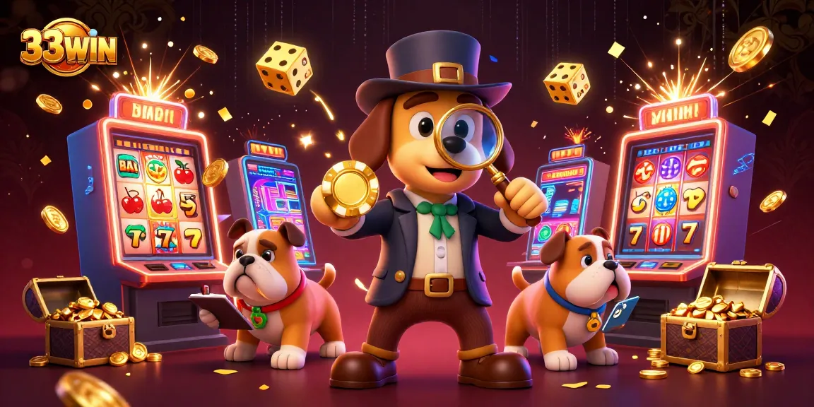 Experience the thrilling world of 33WIN with a detective exploring golden poker chips amidst dynamic slot games.