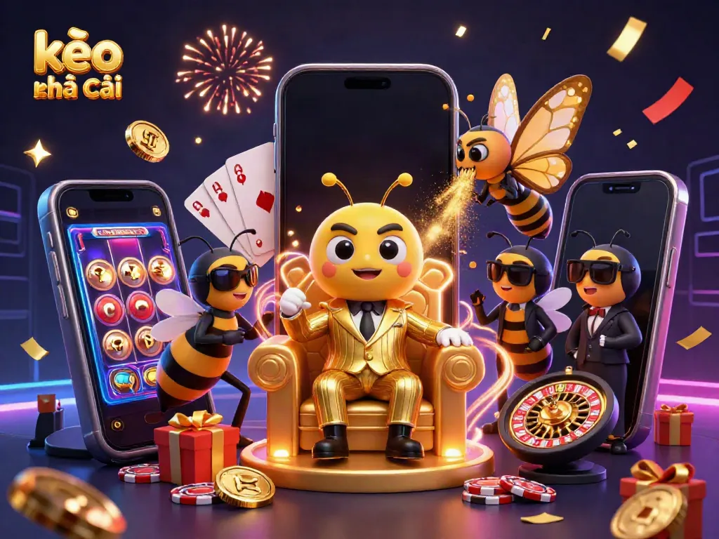 Enjoy kèo nhà cái with a bumblebee mob boss and a colorful slot game scene filled with animated energy.