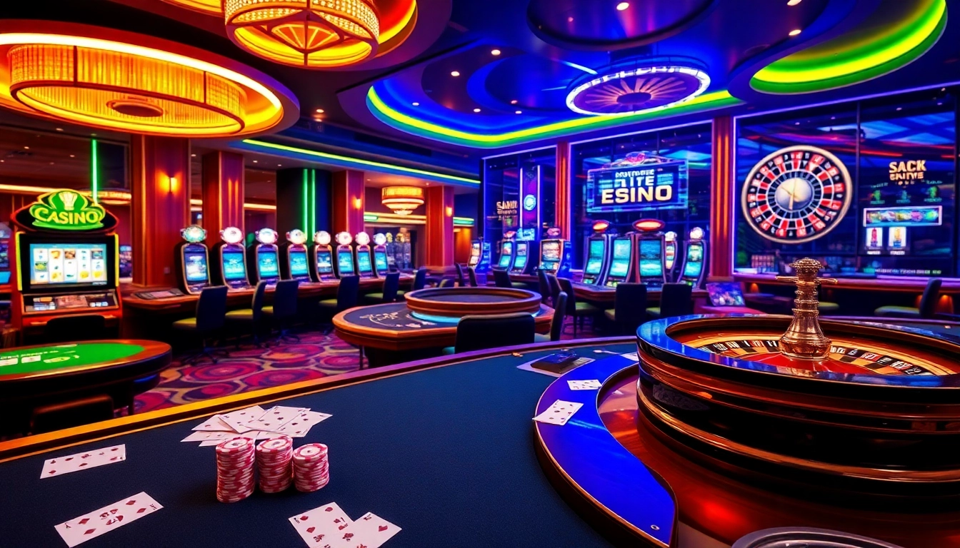 Experience luxury gambling at https://mm88.today/, featuring modern casino tables, vibrant slot machines, and poker games.