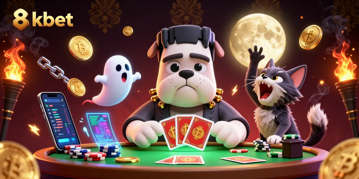 Engage with 8kbet as a Frankenstein bulldog monster deals cards at a spooky table amidst a ghostly scene.