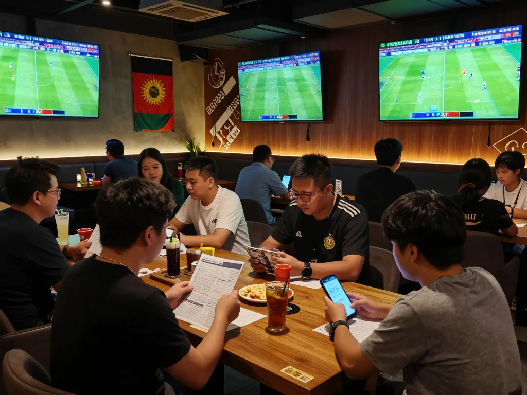 Soi kèo betting at a vibrant sports bar, fans engaging with matches on screens