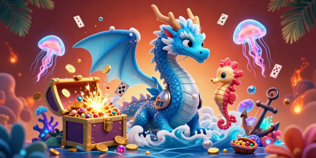 Experience the thrilling underwater adventure with 56W featuring a dragon and seahorse knight, bursting with casino elements.