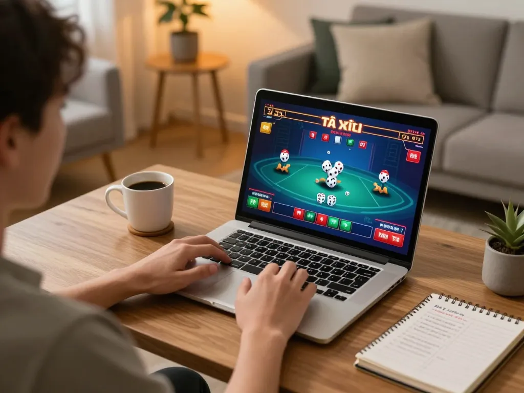 Engaging gameplay of game tài xỉu on a laptop in a cozy home environment.