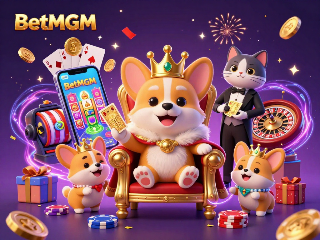 BetMGM casino gaming scene showcasing an opulent royal corgi and vibrant game elements.
