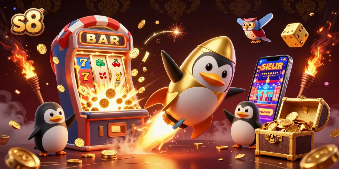 S8 casino adventures showcase with 3D penguin and jackpot elements in a vibrant setting.