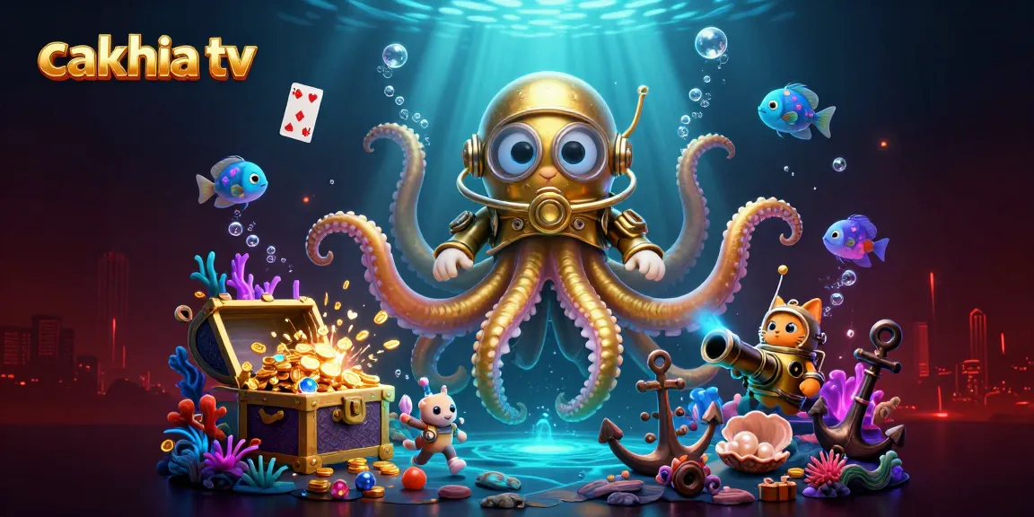 Experience Cakhia TV's immersive streaming with a kraken and vintage diving cat in a rich underwater scene.