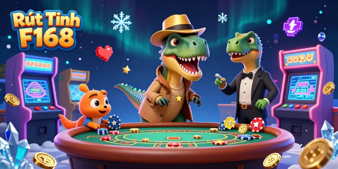 Experience the excitement of Rút Tiền F168 with a 3D velociraptor card counter at a bustling casino table.