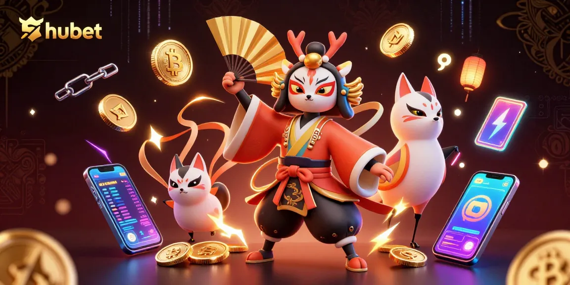 Engage with Hubet as a vibrant 3D casino illustration showcases thrilling gameplay and cryptocurrency elements.