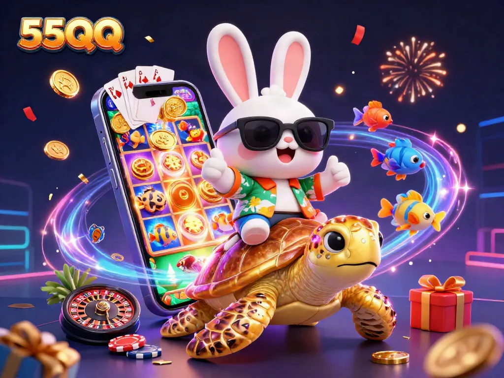 Join the fun at 55QQ with lucky rabbit and golden turtle celebrating gaming wins!
