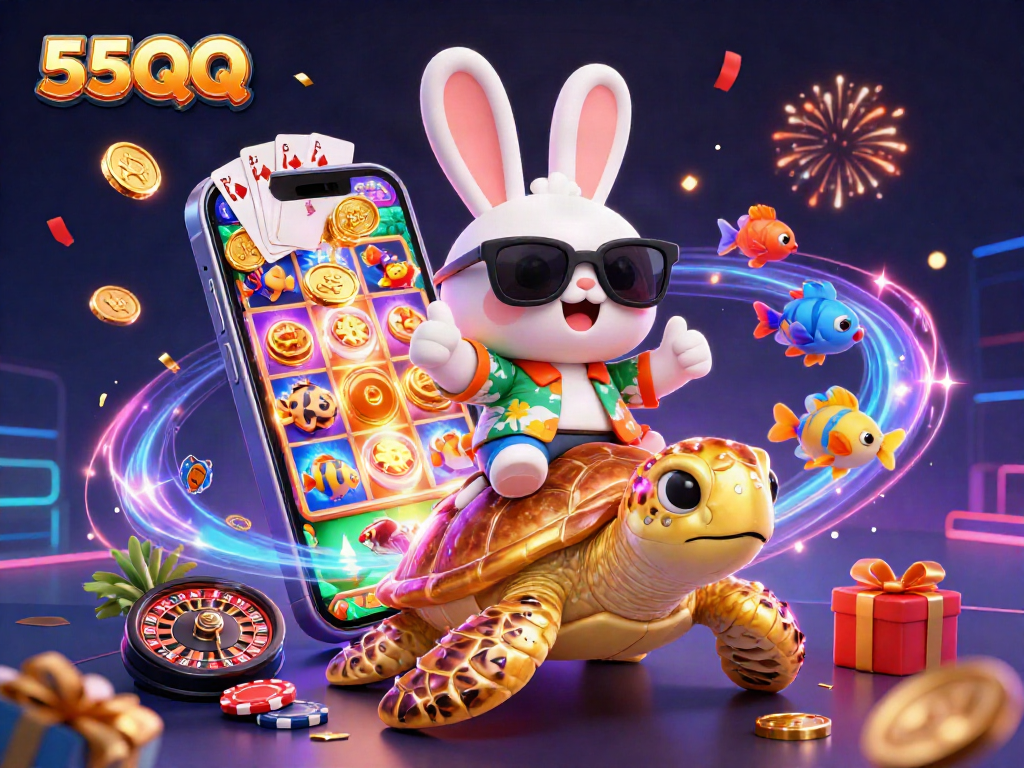Join the fun at 55QQ with lucky rabbit and golden turtle celebrating gaming wins!