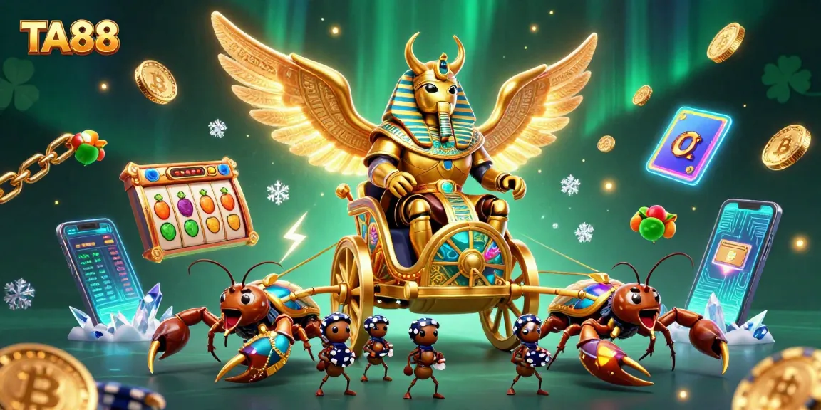 Engage with TA88's vibrant casino adventure featuring slot reels amidst dynamic scorpion chariots.