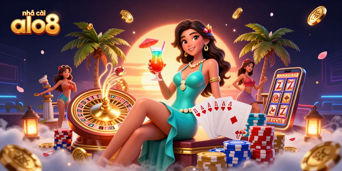 Engage with nhà cái alo8's vibrant gaming environment featuring casino elements and festive visuals.