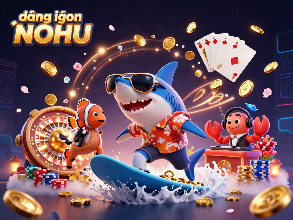 Join the action at đăng nhập NOHU, where a shark, clownfish, and crab DJ create an exciting gaming atmosphere.