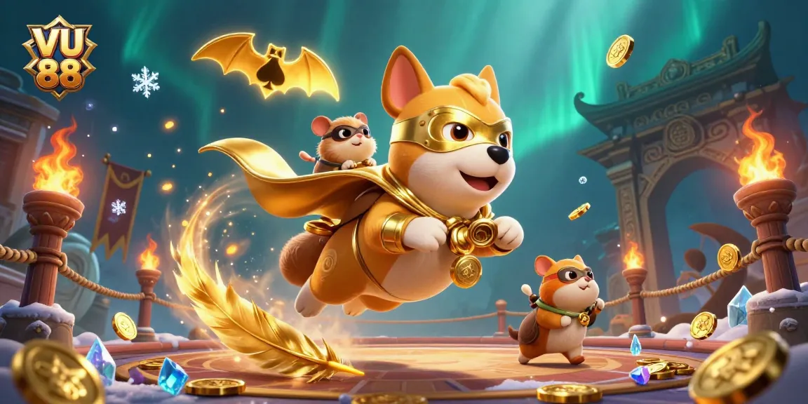 Engage in high-stakes gaming with VU 88's thrilling casino atmosphere featuring a heroic canine character.