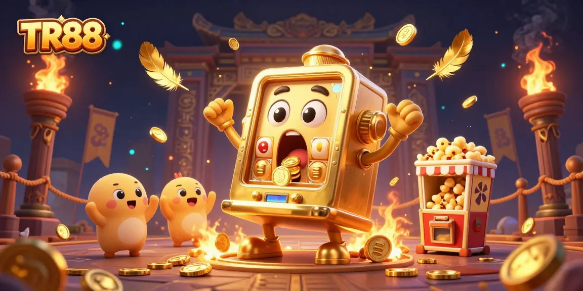 TR88 slot machine celebrates a jackpot win with coins showering from its mouth in an exciting casino scene.