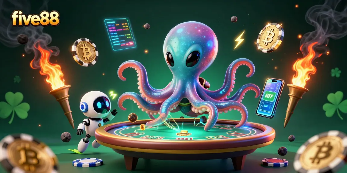 Engage with five88's dynamic gambling experience featuring an alien octopus and cryptocurrency elements.