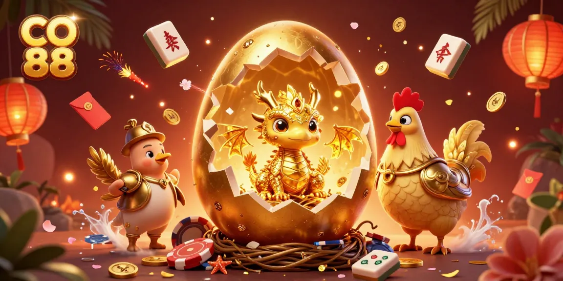 Experience thrilling gaming with CO 88's golden dragon and poker chip treasure illustration.