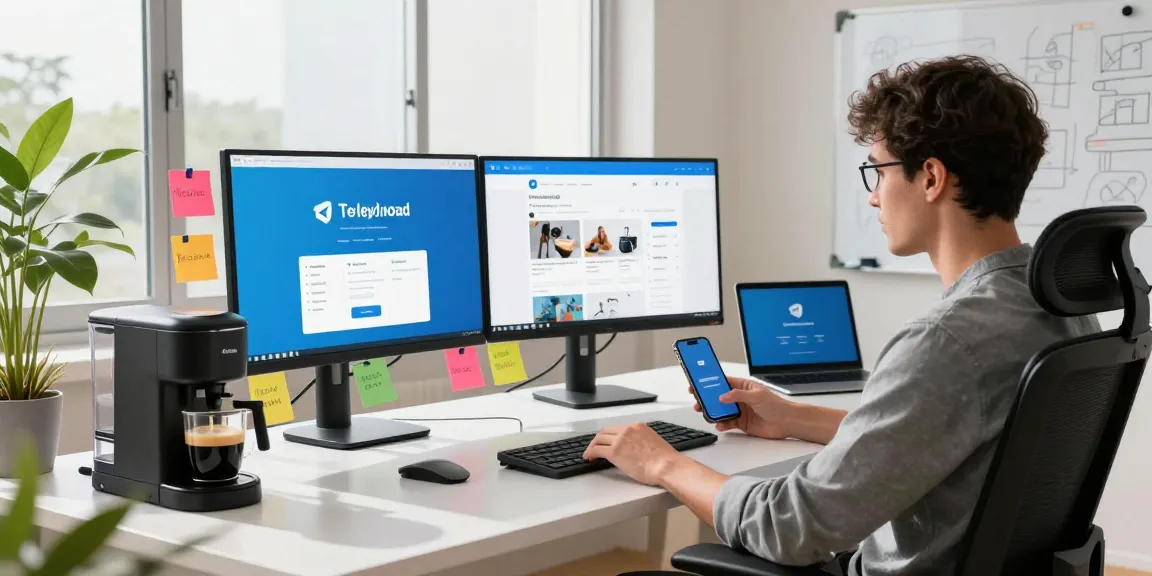 Explore effortless Telegram download process in a modern tech workspace with multiple screens and productivity tools.