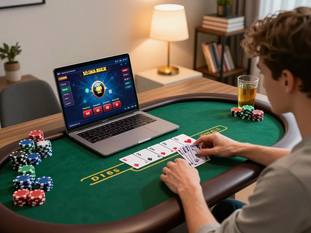 C168 player engaging in online poker game, showcasing strategy and excitement in a cozy home setup.
