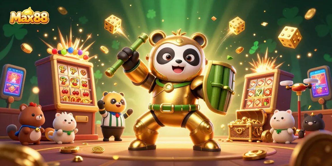 Max88 showcases an exciting casino experience with a golden panda mech-bot battling amidst a jackpot explosion.