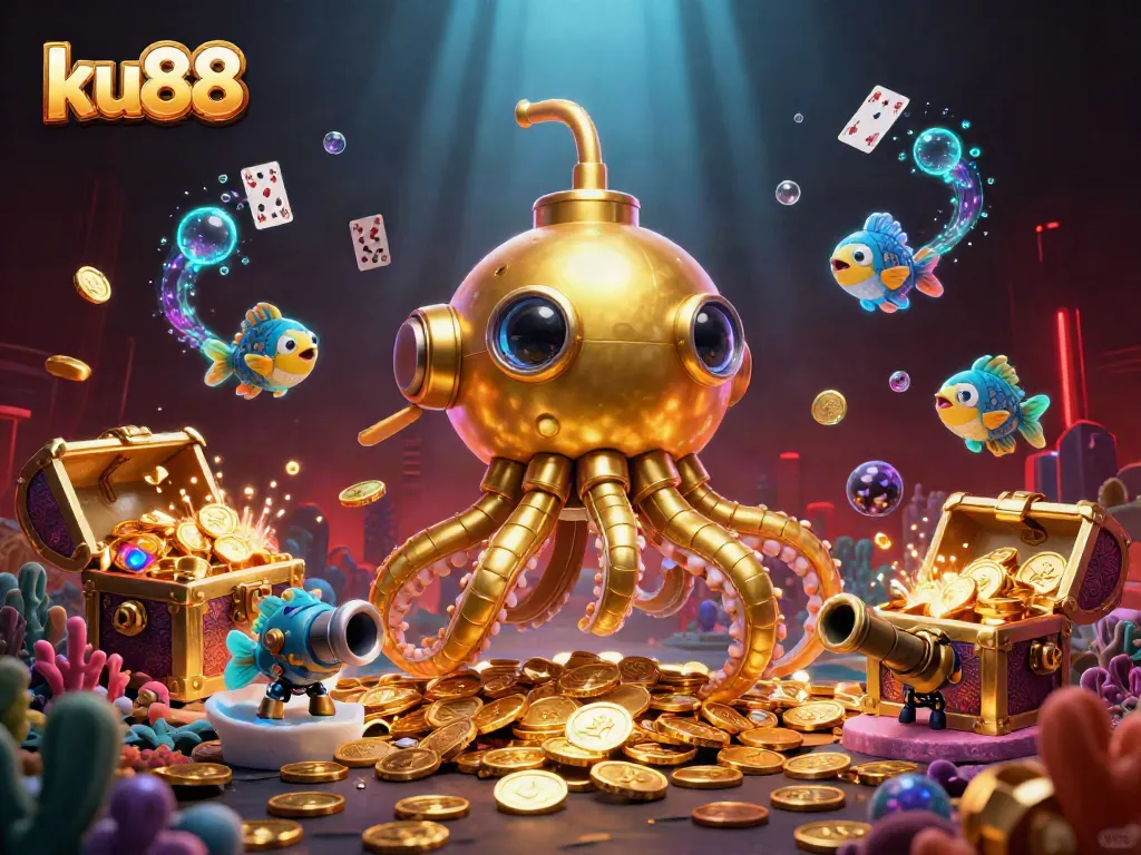 ku88 invites players to explore an adventurous underwater cartoon scene featuring a golden kraken submarine among coins.
