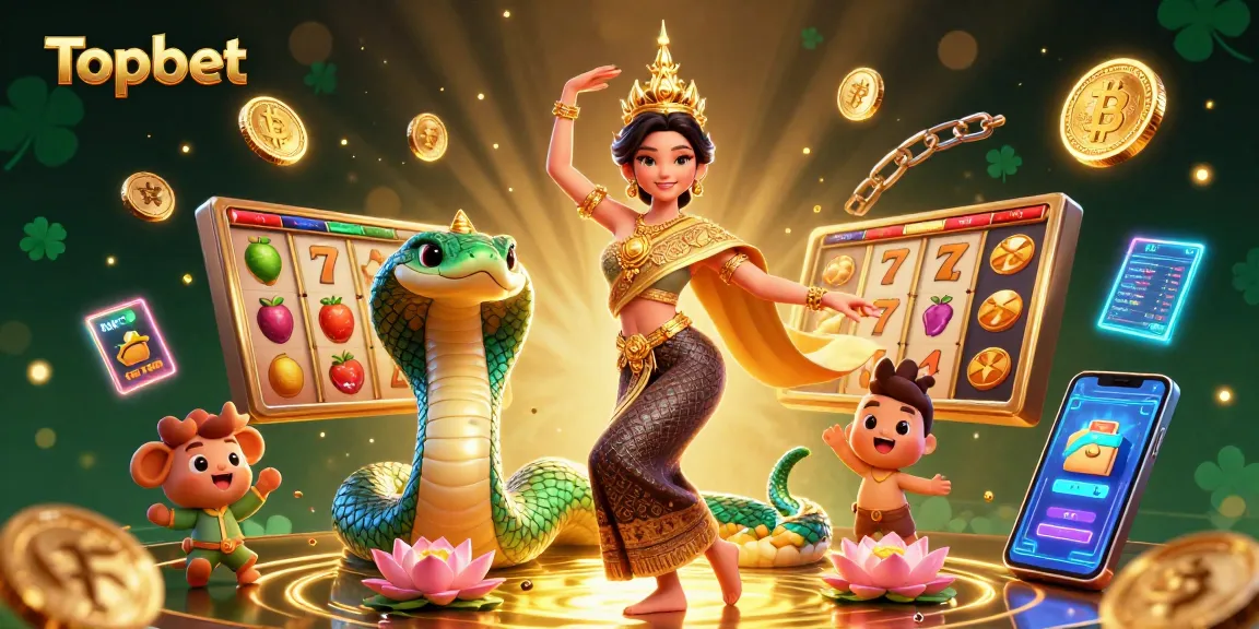Experience top-tier gaming at Topbet with a vibrant illustration showcasing traditional Thai elements and casino excitement.