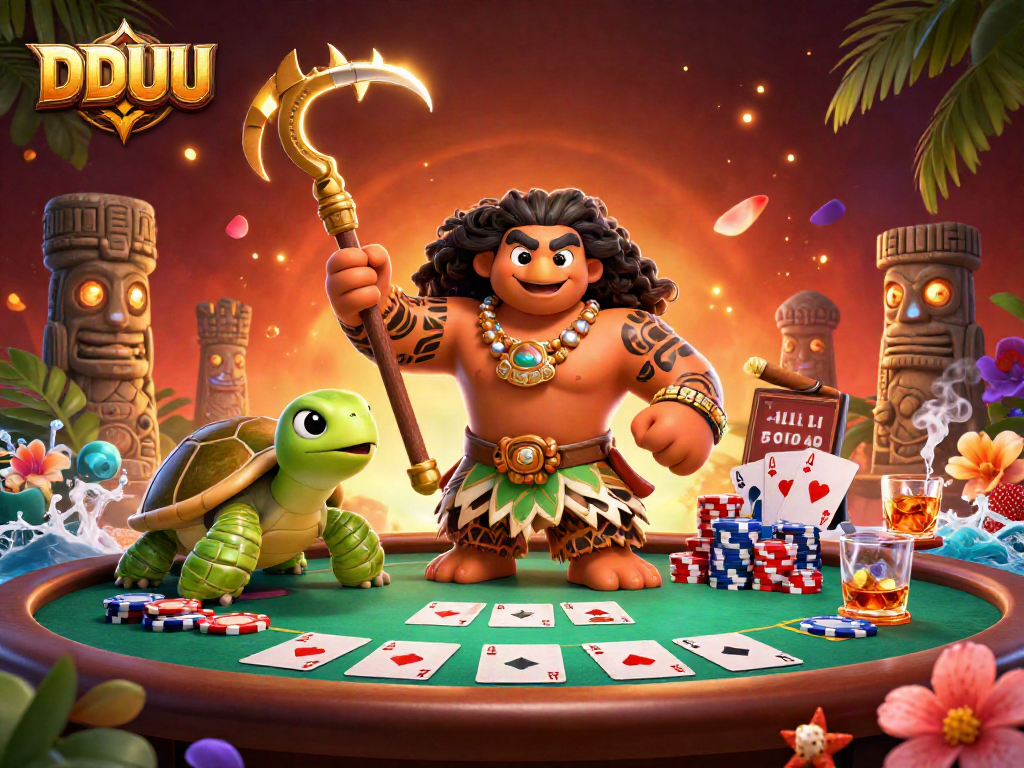Engage with DDUU gaming excitement featuring lively characters, poker elements, and vibrant atmosphere.