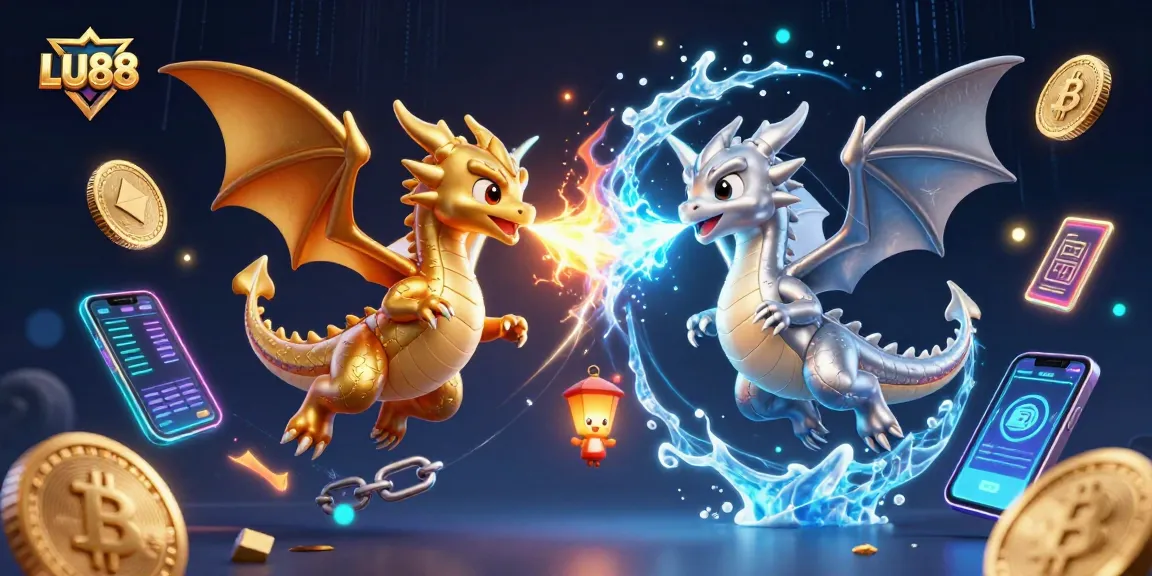 LU88's captivating gaming world with gold and silver dragons embodying luck amidst crypto symbols.