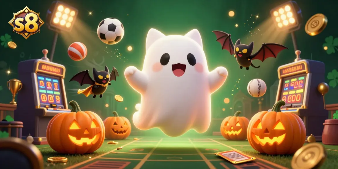 Experience thrilling games at s8 as a ghost cat haunts the casino with vibrant sports and jackpot elements.