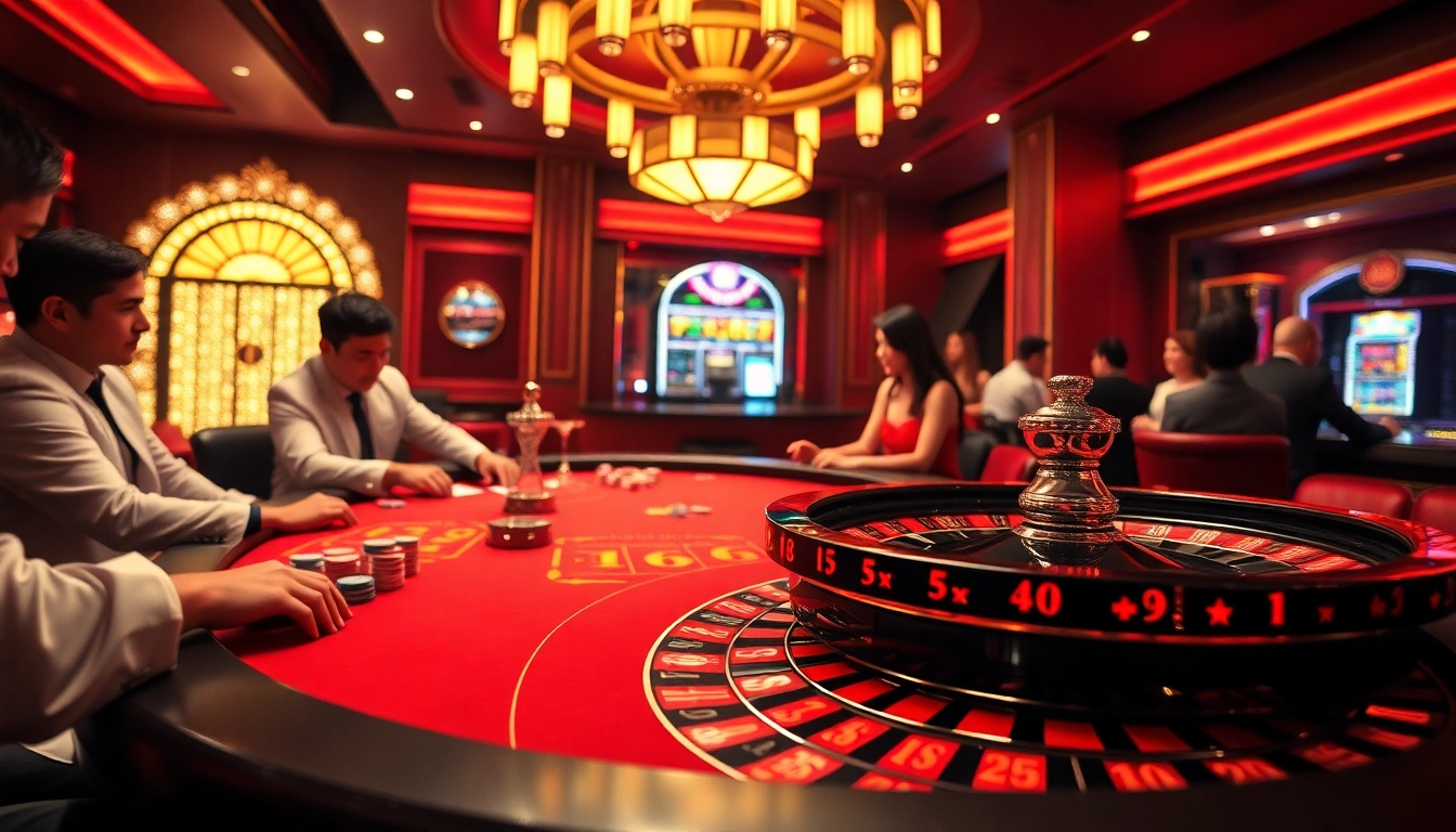 Experience the thrill of Hi88 casino gameplay with vibrant casino tables, players, and roulette wheels.