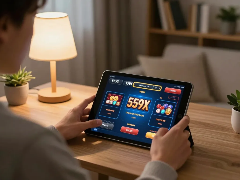 Player enjoying the 559X online casino experience on a tablet at home, emphasizing comfortable gaming.