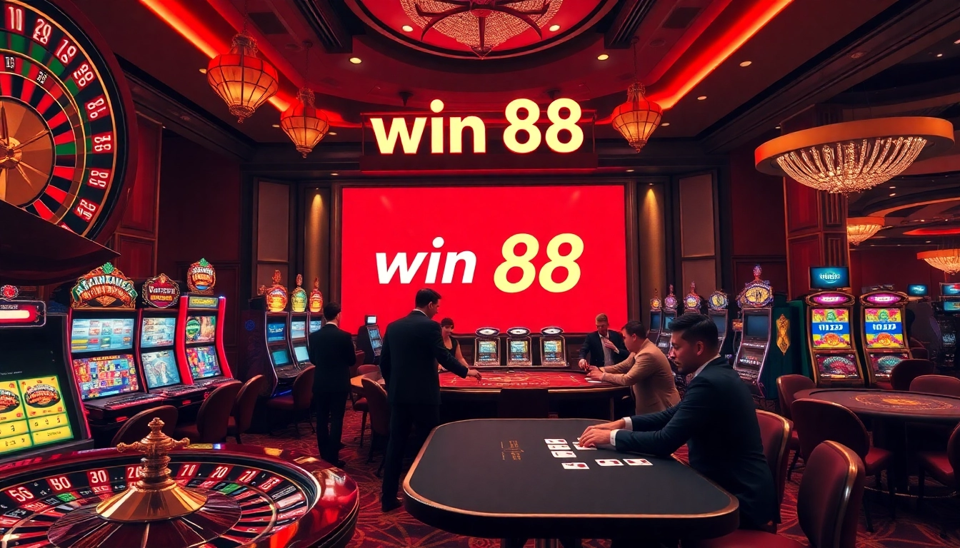Experience the excitement of win 88 with players enjoying casino games in a luxurious setting.