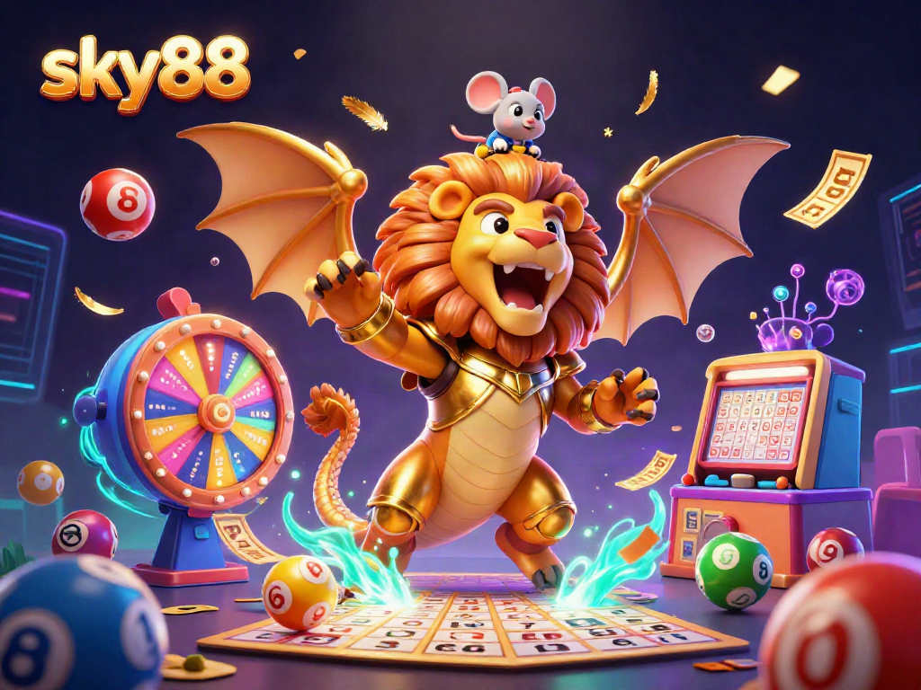 Experience the thrilling world of sky88 with a roaring golden chimera and vibrant interactive game elements.
