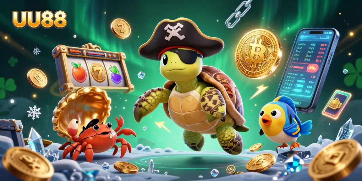 Experience thrilling jackpot wins with UU88's vibrant 3D casino scene featuring a pirate turtle and treasure.