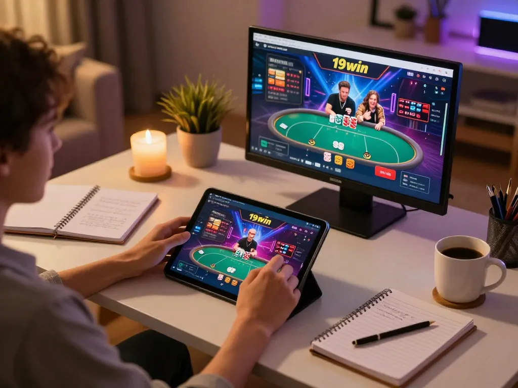 Engaging with the 199win online casino interface on a tablet in a cozy home setting