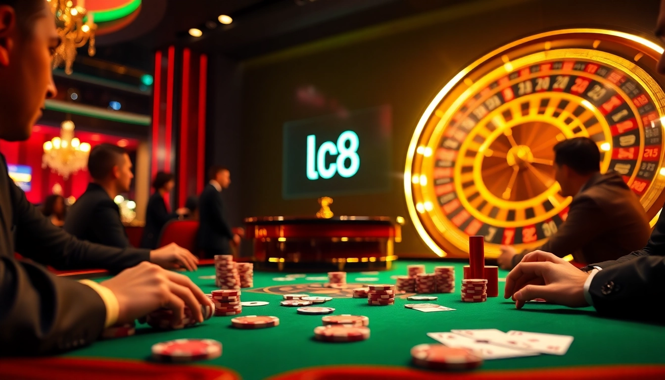 Experience the excitement of lc 88 gaming at a luxury casino table with vibrant colors and stylish poker chips.
