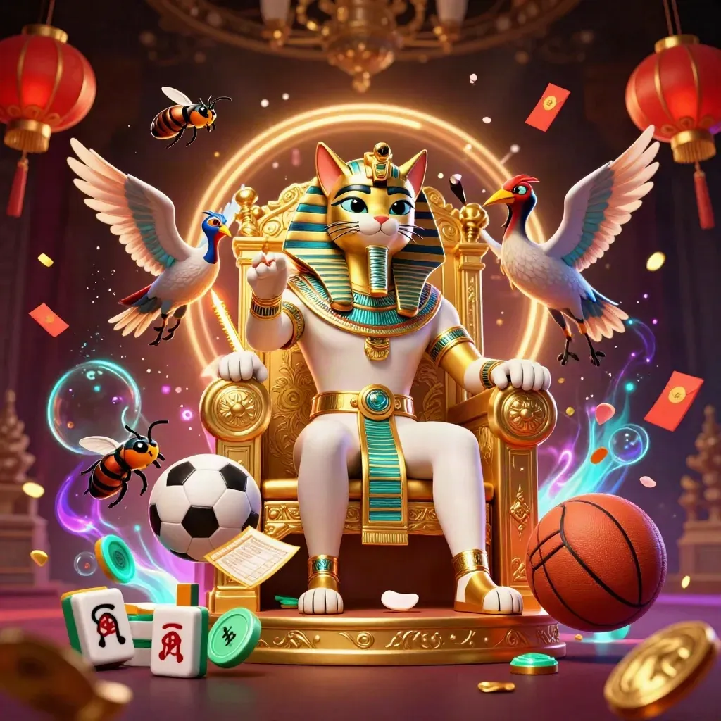 Gato faraó 3D em trono de ouro com bola de futebol e de basquete, moedas e escaravelhos brilhando